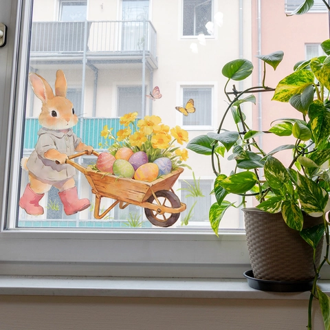 Adesivo da Parete Coniglietto di Pasqua Carrello Uova Fiori PVC Autoadesivo Decalcomania per Finestra Festiva per Casa Festa
