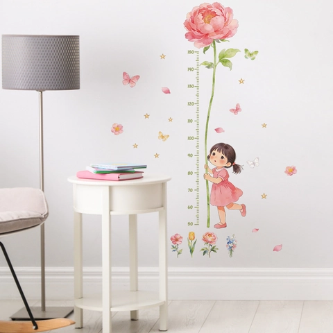 Misuratore di Altezza per Bambini Adesivo Murale Ragazza Fiore di Peonia Rosa PVC Removibile Decorazione Stanza