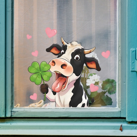 Cartoon Cow Four Leaf Clover Heart Wall Stickers Removable PVC Window Decals For Kids Room Bedroom Home Decor