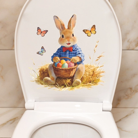 Coniglietto di Pasqua Uova Colorate Adesivo per Coperchio del Gabinetto Impermeabile PVC Farfalla Bagno Decorazione Autoadesivo