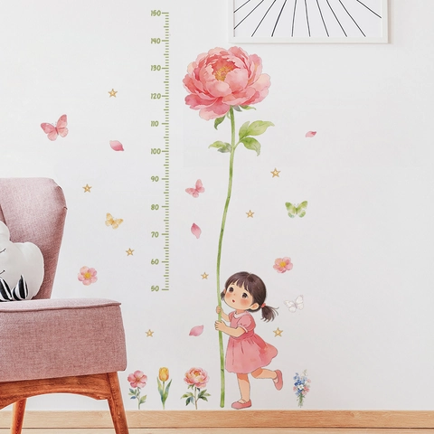 Misuratore di Altezza per Bambini Adesivo Murale Ragazza Fiore di Peonia Rosa PVC Removibile Decorazione Stanza