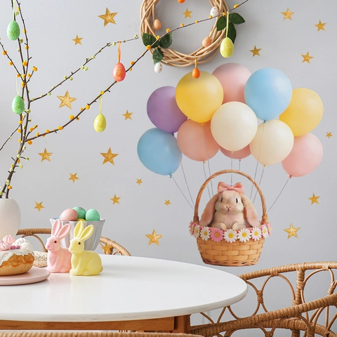 Cartoon Hase Heißluftballon Wandtattoo Abnehmbare PVC Fensterbilder Für Kinderzimmer Babyzimmer Home Deko Ästhetische Kunst