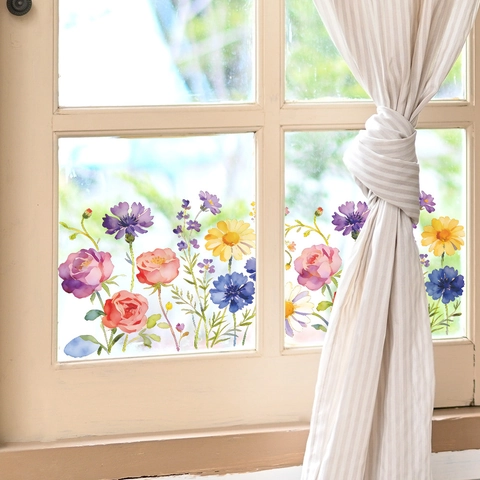 Watercolor Flower Glass Window Wall Sticker Removable PVC Floral Decal For Home Bedroom Living Room Porch Decor