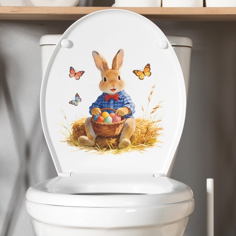 Coniglietto di Pasqua Uova Colorate Adesivo per Coperchio del Gabinetto Impermeabile PVC Farfalla Bagno Decorazione Autoadesivo