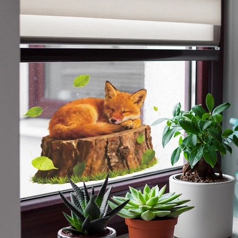 Cute Sleeping Fox Wall Sticker 3D Animal Removable PVC Decal Tree Stump Design Decor For Bedroom Living Room Window Shop