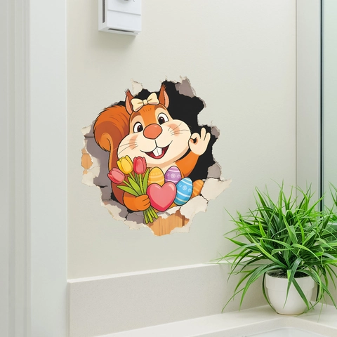 3D Easter Squirrel Wall Sticker Removable PVC Cracked Wall Decal With Colorful Eggs Flowers For Window Home Decor Mural