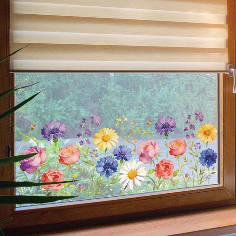 Watercolor Flower Glass Window Wall Sticker Removable PVC Floral Decal For Home Bedroom Living Room Porch Decor
