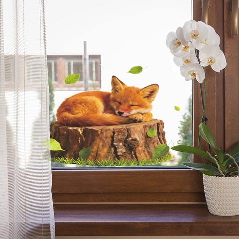Cute Sleeping Fox Wall Sticker 3D Animal Removable PVC Decal Tree Stump Design Decor For Bedroom Living Room Window Shop