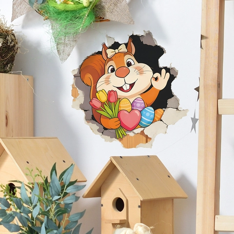 3D Easter Squirrel Wall Sticker Removable PVC Cracked Wall Decal With Colorful Eggs Flowers For Window Home Decor Mural