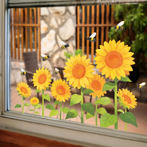 Adhesivos de Pared de Girasol y Abeja de PVC Removibles Autoadhesivos para Ventanas Vidrio Dormitorio Decoración Moderna