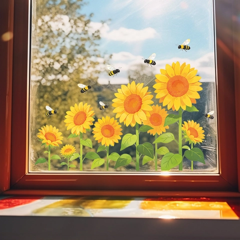 Adhesivos de Pared de Girasol y Abeja de PVC Removibles Autoadhesivos para Ventanas Vidrio Dormitorio Decoración Moderna