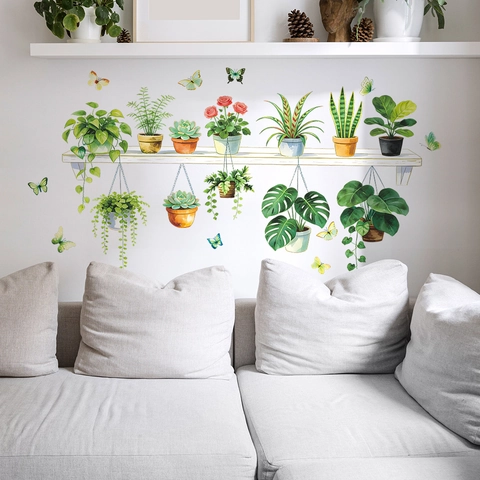 Watercolor Tropical Potted Plants Leaves Wall Sticker PVC Self Adhesive Butterfly Decorative Wall Decal For Home Living Room