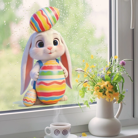 Easter Bunny Colorful Eggs Window Stickers 3D Cartoon PVC Wall Decals For Home Glass Decor Removable Festival Supplies