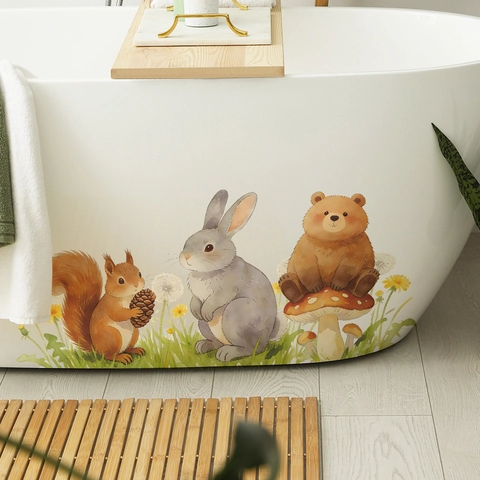 Pegatinas de Pared de Animales de Dibujos Animados Acuarela Ardilla Conejo Oso Seta PVC Calcomanías Removibles Decoración Hogar