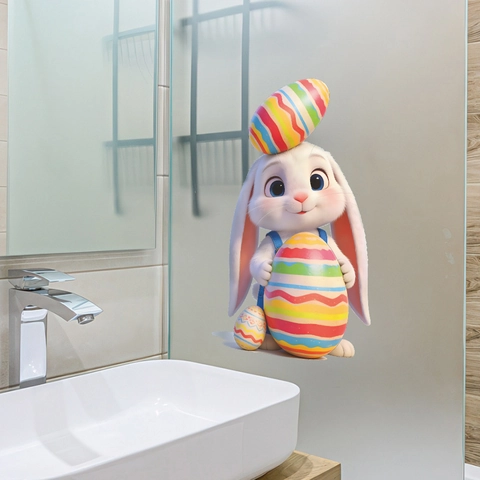 Easter Bunny Colorful Eggs Window Stickers 3D Cartoon PVC Wall Decals For Home Glass Decor Removable Festival Supplies