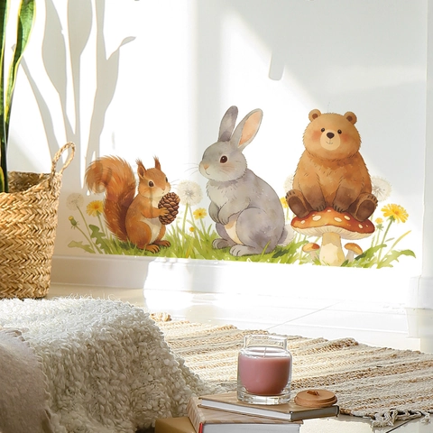 Pegatinas de Pared de Animales de Dibujos Animados Acuarela Ardilla Conejo Oso Seta PVC Calcomanías Removibles Decoración Hogar