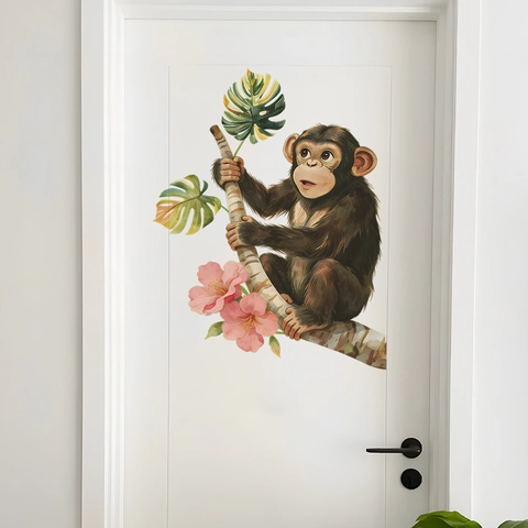 Süßer Affe Schimpanse Auf Ast Mit Rosa Blumen Und Blättern Wandaufkleber PVC Selbstklebend Abnehmbar Home Decor Wandtattoo