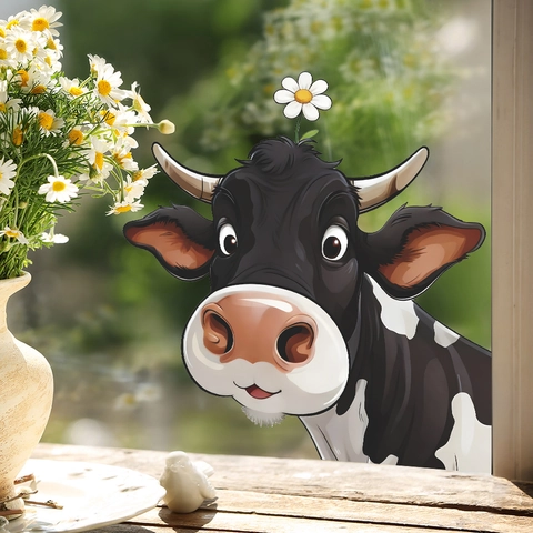 Sticker Mural Vache qui Regarde Dessin Animé avec Fleur PVC Auto-Adhésif Amovible pour Chambre à Coucher Décoration Murale