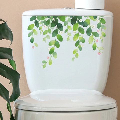 Pegatina para Inodoro de Hojas Verdes Enredadera Flor PVC Autoadhesivo Calcomanía de Pared para Baño Decoración Tapa de Tanque Agua