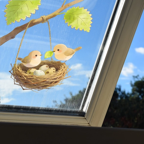 Cartoon Vogel Baumzweig Mit Nest Und Eiern Wandtattoo PVC Abnehmbarer Aufkleber Für Schlafzimmer Wohnzimmer Haus Dekoration