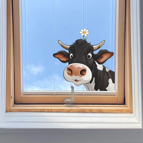Sticker Mural Vache qui Regarde Dessin Animé avec Fleur PVC Auto-Adhésif Amovible pour Chambre à Coucher Décoration Murale