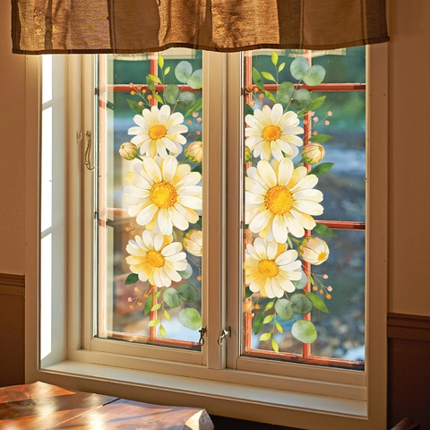 Adesivi Murali con Margherite e Foglie di Eucalyptus in Acquerello PVC Removibile per Decorazione Casa Vetro