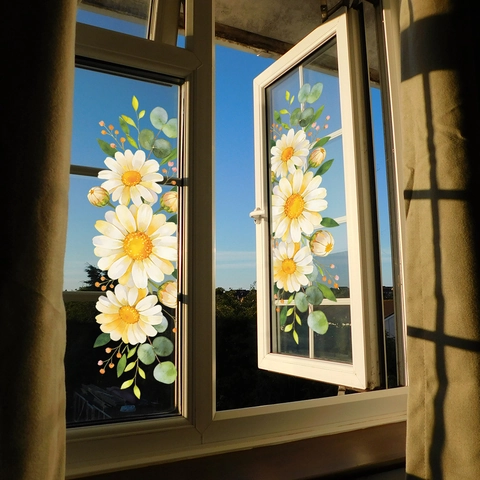 Adesivi Murali con Margherite e Foglie di Eucalyptus in Acquerello PVC Removibile per Decorazione Casa Vetro
