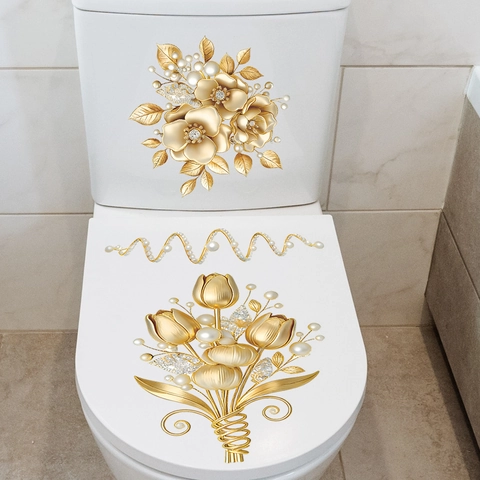Pegatina Inodoro 3D Flor Dorada Perla Artificial Impermeable Autoadhesiva Decoración Baño para Tapa de Inodoro PVC Adhesivo Pared