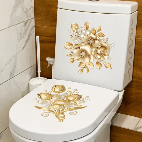 Pegatina Inodoro 3D Flor Dorada Perla Artificial Impermeable Autoadhesiva Decoración Baño para Tapa de Inodoro PVC Adhesivo Pared