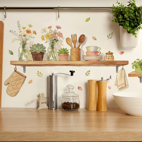 Cartoon Vase Tableware Kitchen Utensils Wall Sticker Removable PVC Decorative Mural Decal For Restaurant Dining Room Home Decor