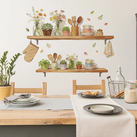 Cartoon Vase Tableware Kitchen Utensils Wall Sticker Removable PVC Decorative Mural Decal For Restaurant Dining Room Home Decor