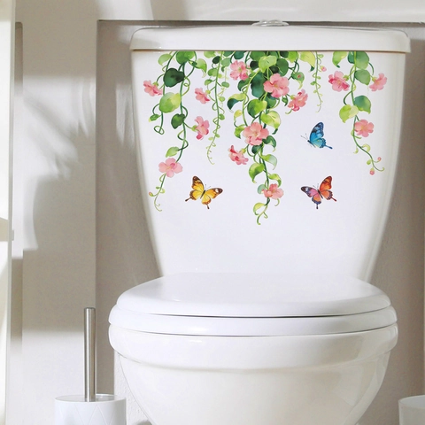 Blumen Grün Pflanze Schmetterling Toilettenaufkleber Abnehmbar PVC Selbstklebend Wandaufkleber Badezimmer Haus Dekoration Sticker