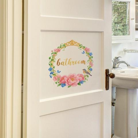 Floral Wreath Bathroom Wall Sticker PVC Waterproof Self-Adhesive Peony Bird Design Door Decal Home Decor Art Poster