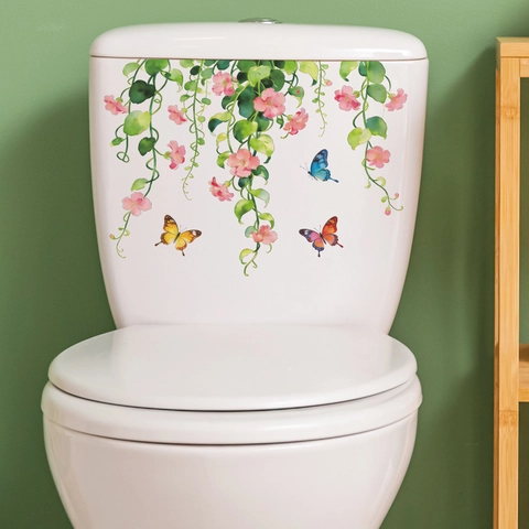 Blumen Grün Pflanze Schmetterling Toilettenaufkleber Abnehmbar PVC Selbstklebend Wandaufkleber Badezimmer Haus Dekoration Sticker