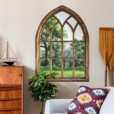 3D Fake Window Wall Sticker Gothic Arch Wood Frame Green Plants Forest Landscape PVC Self Adhesive Decal For Home Decor