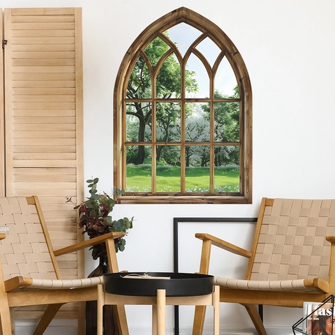 3D Fake Window Wall Sticker Gothic Arch Wood Frame Green Plants Forest Landscape PVC Self Adhesive Decal For Home Decor