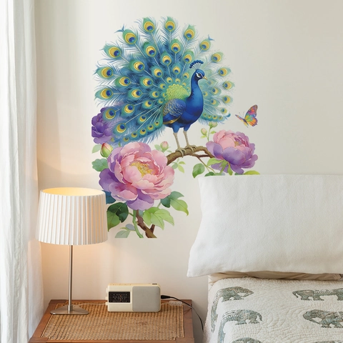 Colorful Peacock And Peony Flower Wall Sticker Removable PVC Butterfly Wall Decal For Living Room Home Decor Art Mural