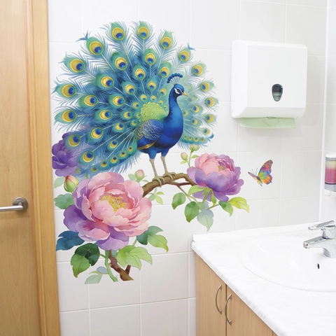 Colorful Peacock And Peony Flower Wall Sticker Removable PVC Butterfly Wall Decal For Living Room Home Decor Art Mural