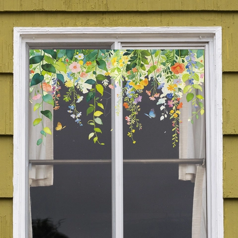 Pegatina de Ventana de Flores Hojas Mariposa Acuarela Calcomanía de Pared de PVC Autoadhesiva Removible Decoración