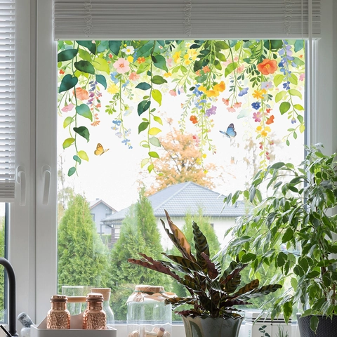 Pegatina de Ventana de Flores Hojas Mariposa Acuarela Calcomanía de Pared de PVC Autoadhesiva Removible Decoración