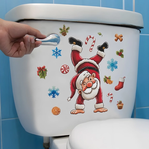 Adesivo per WC con Babbo Natale Sottosopra Adesivo Murale per Bagno di Natale in PVC Impermeabile Decorazione con Fiocchi di Neve
