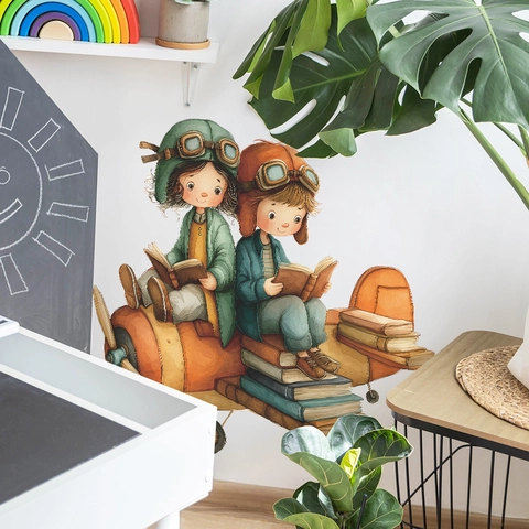 Cartoon Flieger Kinder Lesen Auf Buch Flugzeug Wandaufkleber PVC Dekorative Abnehmbare Aufkleber Für Kinderzimmer Deko