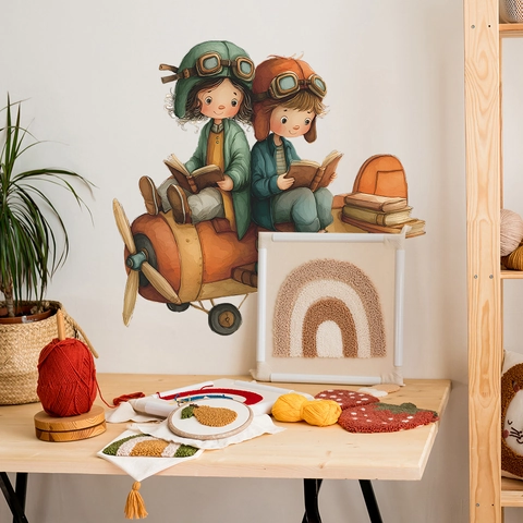 Cartoon Flieger Kinder Lesen Auf Buch Flugzeug Wandaufkleber PVC Dekorative Abnehmbare Aufkleber Für Kinderzimmer Deko