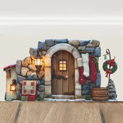 3D Weihnachts-Steinhaus Wandaufkleber Abnehmbares PVC-Dekor Mit Socken Kranz Laterne Für Zuhause Laptop Kühlschrank Dekoration