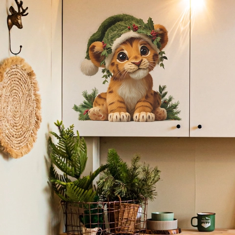 Adhesivo de Pared de Cachorro de León de Dibujos Animados de Navidad Calcomanía de PVC Removible para Decoración del Hogar