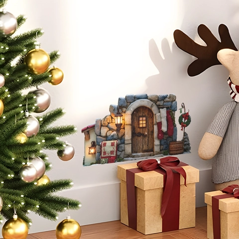 3D Weihnachts-Steinhaus Wandaufkleber Abnehmbares PVC-Dekor Mit Socken Kranz Laterne Für Zuhause Laptop Kühlschrank Dekoration