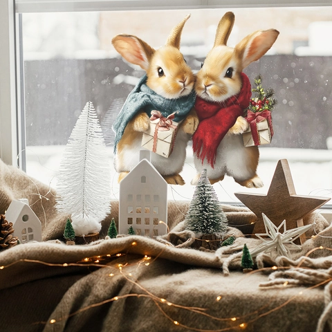 Weihnachten Hase Fenster Statische Aufkleber Realistische Cartoon Kaninchen Mit Geschenkbox UV Druck PVC Dekorative Wandtattoo Für Zuhause