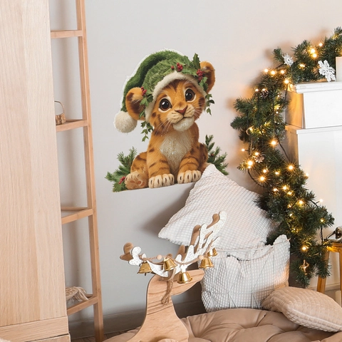 Adhesivo de Pared de Cachorro de León de Dibujos Animados de Navidad Calcomanía de PVC Removible para Decoración del Hogar