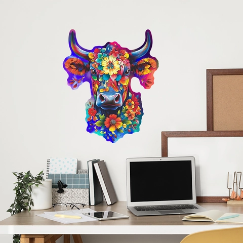 Sticker Mural Tête de Vache Florale Colorée PVC Autocollant Décoration Artistique Pop Art pour Salon Chambre Cuisine