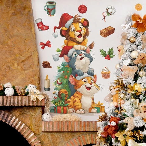 Adesivo da Parete in PVC con Animali Impilati di Natale Cartone Animato Decalcomania Autoadesiva per la Casa